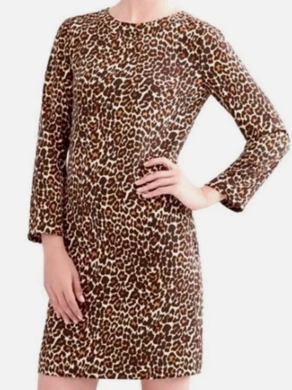 J.Crew Factory Leopard Print Shift Dress Size 8 Brown Black Long Sleeve